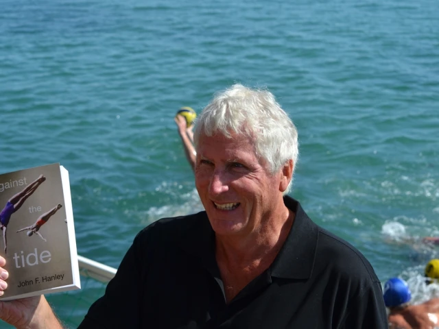 John Hanley - Press launch with water polo match in background